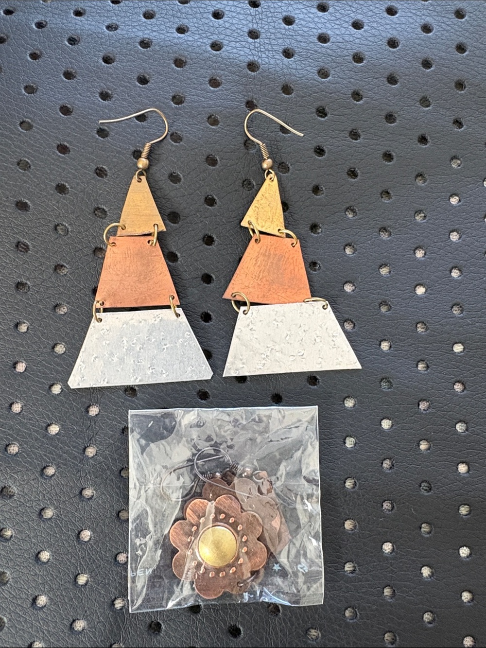 Tri-Panel Mixed Metal Drop Earrings - Copper, Bronze & Silver
